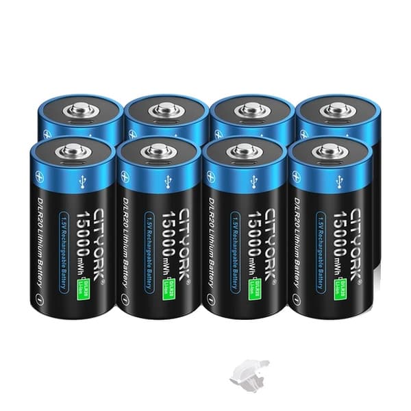 Genopladeligt D-størrelse batteri, 15000mWh kapacitet, USB-opladning, 8 stk D-batteri