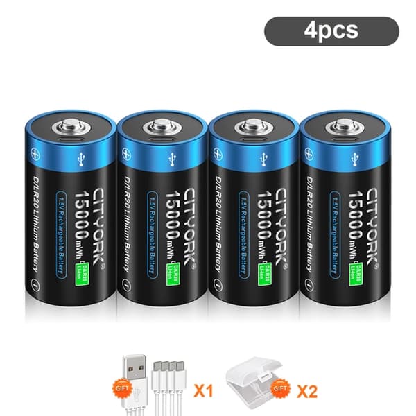 Genopladeligt D-størrelse batteri, 15000mWh kapacitet, USB-opladning, 4 stk D-batteri