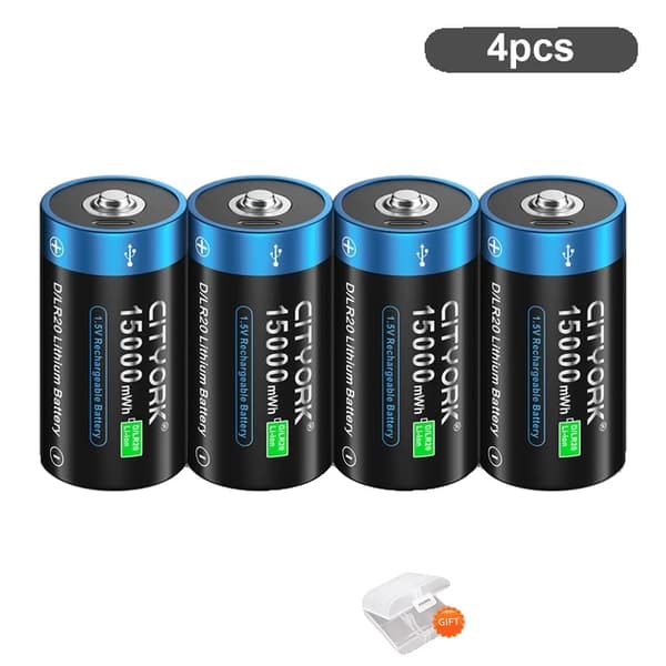 Genopladeligt D-størrelse batteri, 15000mWh kapacitet, USB-opladning, 4 stk D-batteri