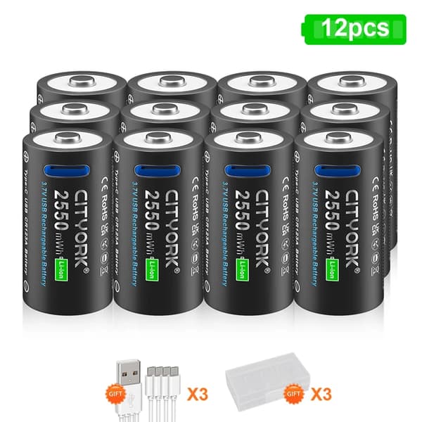 CR123A Genopladeligt Batteri, Type-C USB Opladning, Høj Kapacitet, 12PCS batteri