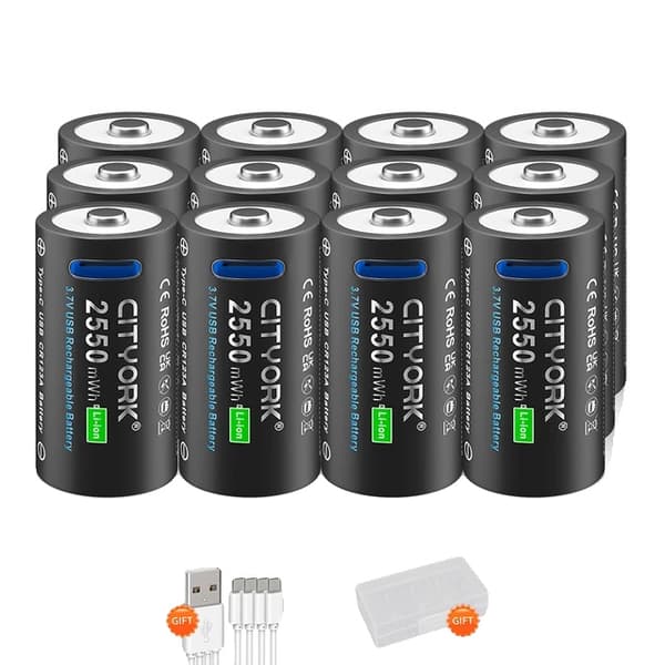 CR123A Genopladeligt Batteri, Type-C USB Opladning, Høj Kapacitet, 12PCS batteri