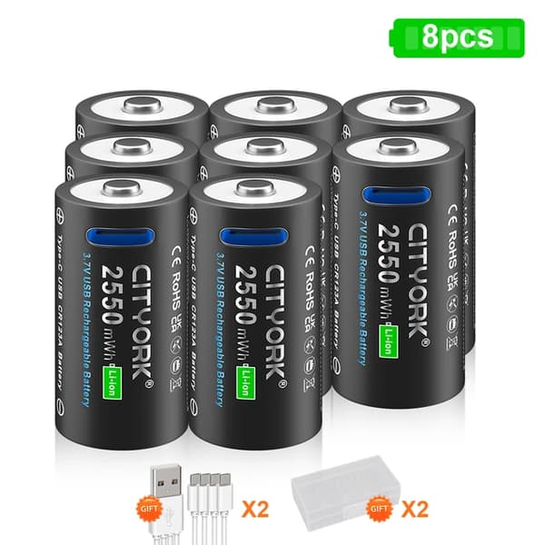 CR123A Genopladeligt Batteri, Type-C USB Opladning, Høj Kapacitet, 8PCS batteri