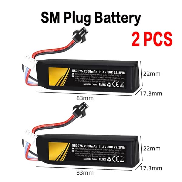Lipo-akku Airsoft-aseille, 2000mAh kapasiteetti, 30C purkausnopeus,11.1V, 552075 11.1V SM 2B