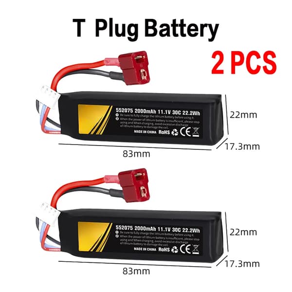 Lipo-akku Airsoft-aseille, 2000mAh kapasiteetti, 30C purkausnopeus,552075 11.1V T 2B, 11.1V