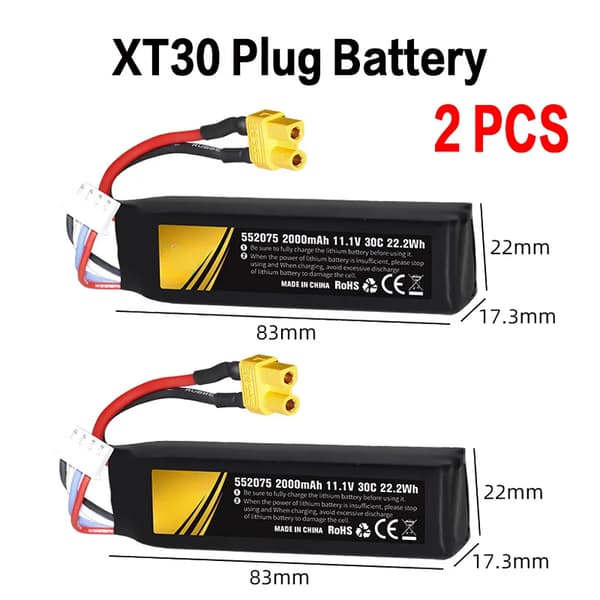 Lipo-batteri til airsoftvåben, 2000mAh kapacitet, 30C afladningsrate,11,1V, 552075 11.1V XT30 2B