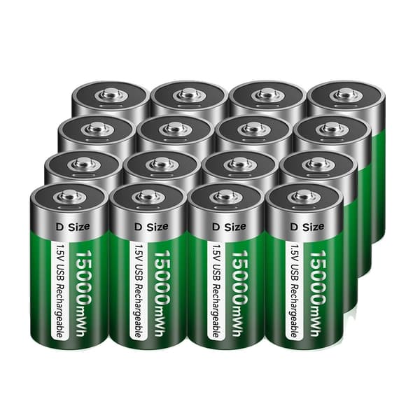 D Størrelse Genopladeligt Batteri, 15000mWh Kapacitet, USB Type C Opladning,16 stk. batteri
