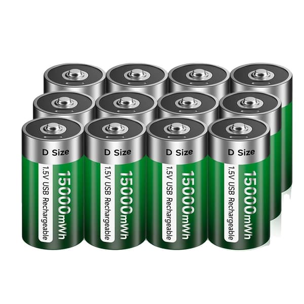 D Størrelse Genopladeligt Batteri, 15000mWh Kapacitet, USB Type C Opladning,12 stk. batteri