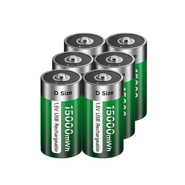 D Størrelse Genopladeligt Batteri, 15000mWh Kapacitet, USB Type C Opladning,6 stk. batteri