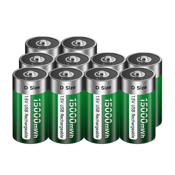 D Størrelse Genopladeligt Batteri, 15000mWh Kapacitet, USB Type C Opladning,10 stk. batteri