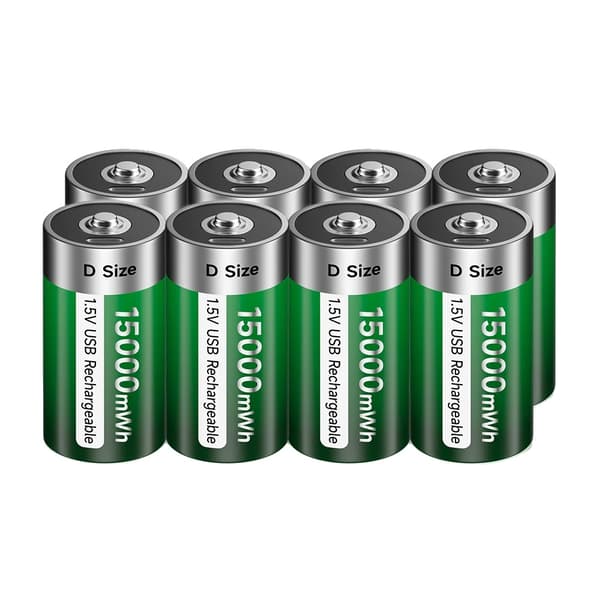 D Størrelse Genopladeligt Batteri, 15000mWh Kapacitet, USB Type C Opladning,8 stk. batteri