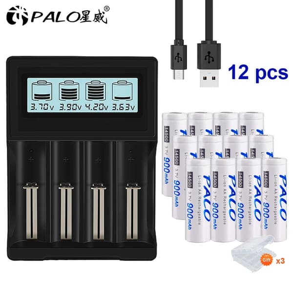 Li-Ion AA-batterier, 900mAh kapacitet, 3,7V spänning, 3,7 V, 12 batteri 1 laddare