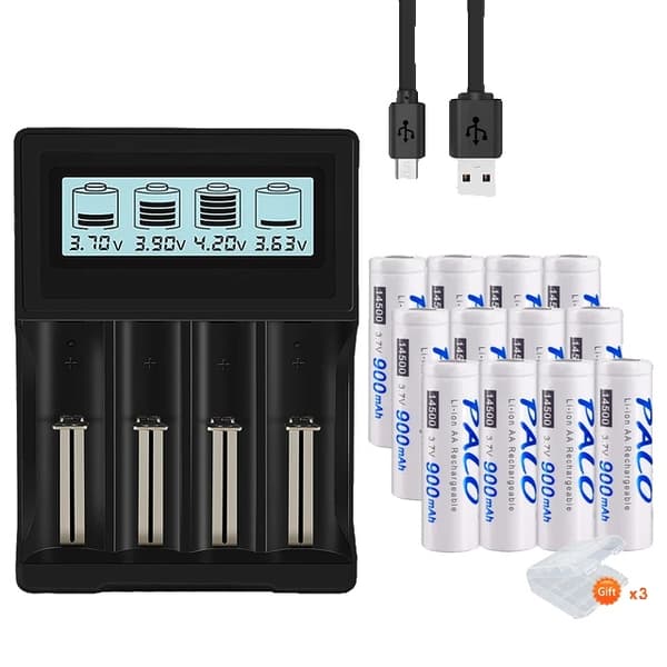 Li-Ion AA-batterier, 900mAh kapacitet, 3,7V spänning, 3,7 V, 12 batteri 1 laddare