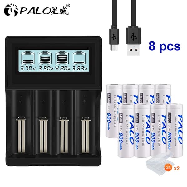 Li-Ion AA-batterier, 900mAh kapacitet, 3,7V spænding, 3,7 V, 8 batteri 1 oplader
