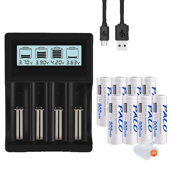 Li-Ion AA-batterier, 900mAh kapacitet, 3,7V spænding, 3,7 V, 8 batteri 1 oplader