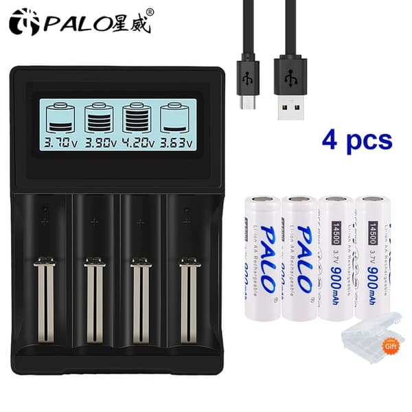 Li-Ion AA-batterier, 900mAh kapacitet, 3,7V spænding, 3,7 V, 4 batteri 1 oplader