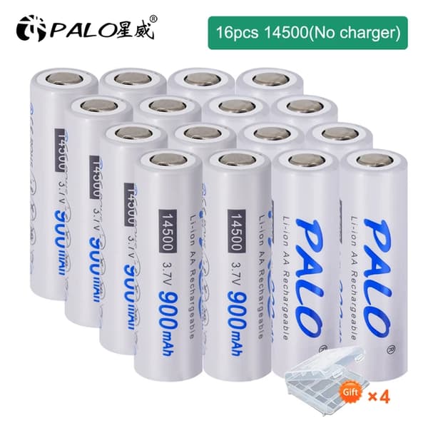 Li-Ion AA-batterier, 900mAh kapacitet, 3,7V spænding, 3,7 V, 16 stk 14500 batteri