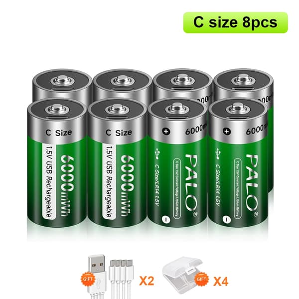 Palo C Størrelse Genopladeligt Batteri, USB Opladning, 8 stk Kapacitet,8 stk.
