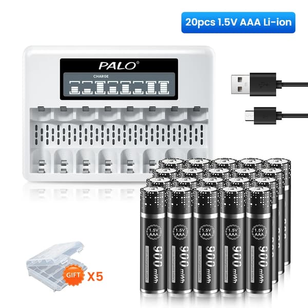 PALO Lithium Genopladelige Batterier, Hurtig LCD Oplader, Flere Kapacitetsmuligheder,20AAA med 1 oplader