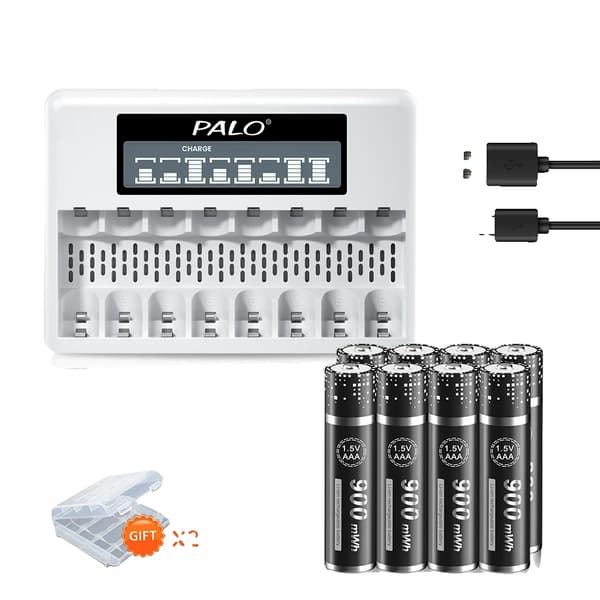 PALO Lithium Genopladelige Batterier, Hurtig LCD Oplader, Flere Kapacitetsmuligheder,8AAA med 1 oplader