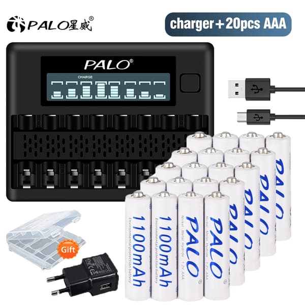 PALO AAA Genopladelige Batterier, 1100mAh Kapacitet, Smart Oplader Inkluderet,20 stk. og oplader
