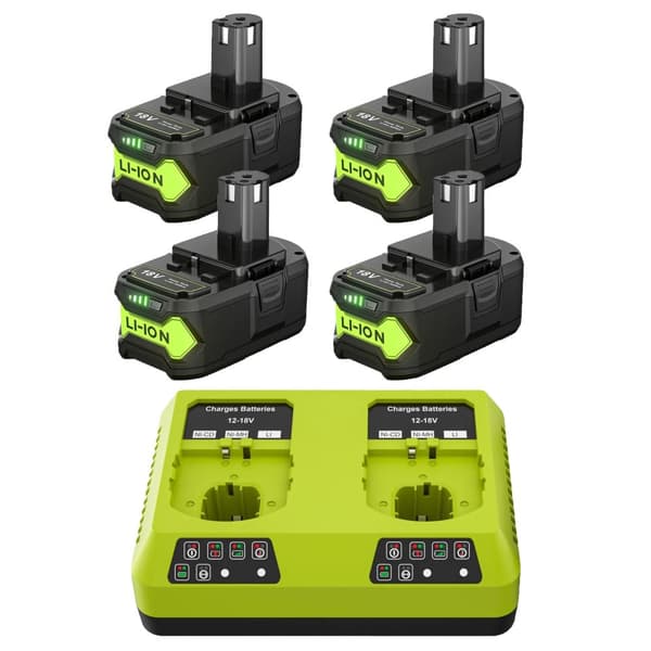 Ryobi P108 Erstatningsbatteri, 6000mAh Kapacitet, Kompatibel med Flere Modeller,4 Batteri 1 Oplader