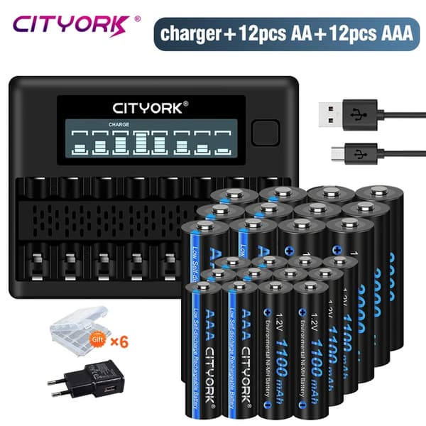 Genopladeligt batterisæt, 12 AA 3000mAh, 12 AAA 1100mAh,12AA 12AAA 1oplader, 1,2V