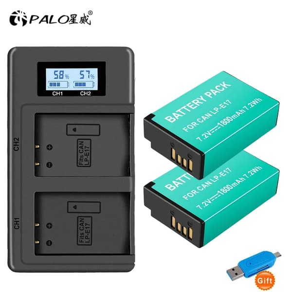 Canon LP-E17 Batteri, LCD USB Oplader, Kompatibel med Flere Canon Kamera Modeller, 2 batteri 1 oplader