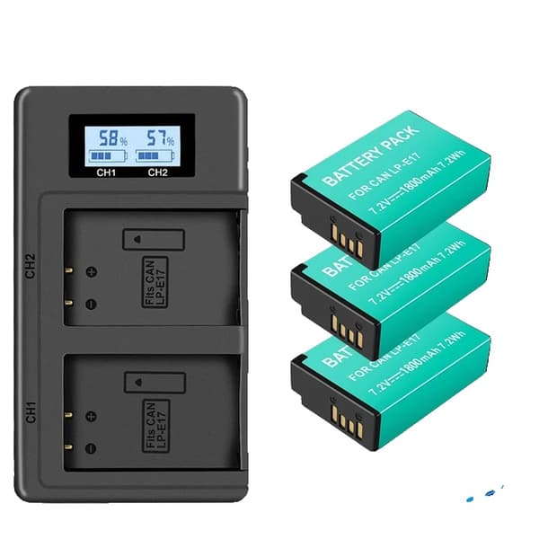 Canon LP-E17 akku, LCD USB-laturi, yhteensopiva useiden Canon-kameramallien kanssa., 3 akkua 1 laturi