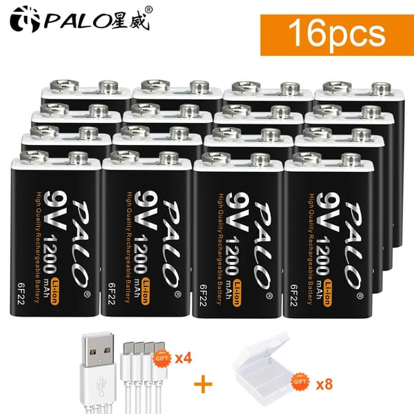 PALO 9V Genopladeligt Li-ion Batteri, 1200mAh Kapacitet, Tilgængelig i 8-16 stk,16 stk. batteri