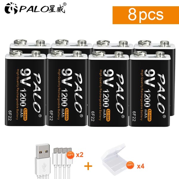 PALO 9V Genopladeligt Li-ion Batteri, 1200mAh Kapacitet, Tilgængelig i 8-16 stk,8 stk. batteri