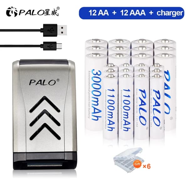 Genopladelige batterier, 3000mAh kapacitet, USB-oplader, 12AA 12AAA 1 oplader