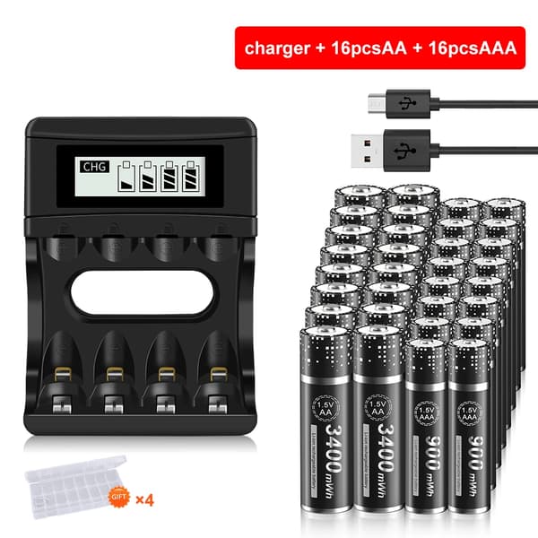 PALO Genopladelige Batterier, 3400 mWh AA Kapacitet, 900 mWh AAA Kapacitet,16AA AAA 1 Oplader, 1,5V