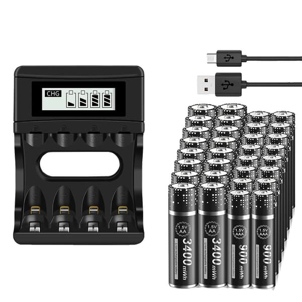 PALO Genopladelige Batterier, 3400 mWh AA Kapacitet, 900 mWh AAA Kapacitet,16AA AAA 1 Oplader, 1,5V