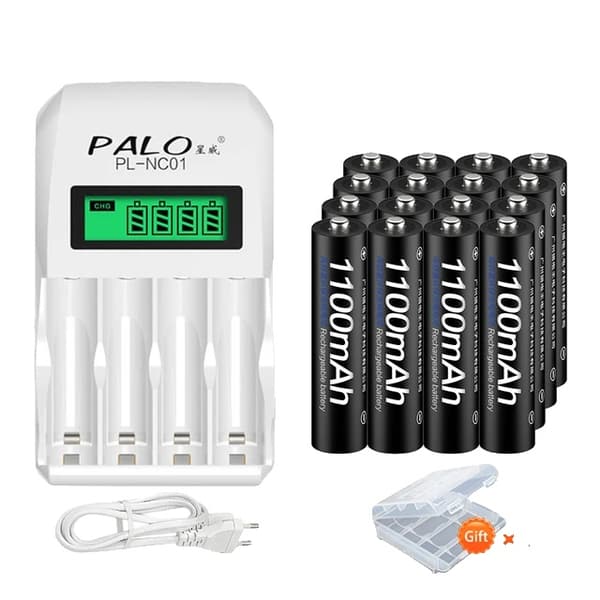 Genopladelige AAA-batterier, 1100mAh kapacitet, LCD-display Smart oplader, 16 AAA og oplader