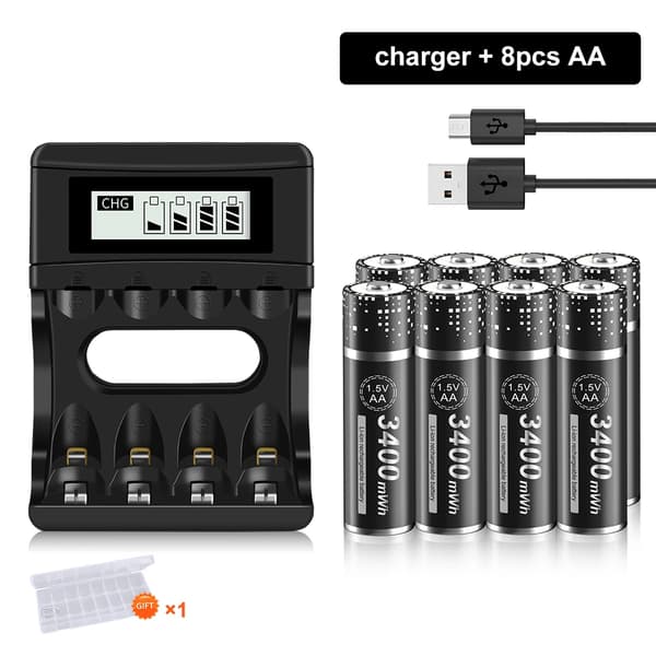 PALO 1.5V AA Genopladeligt Batteri, Høj Kapacitet 3400mWh, Lang Levetid på 1500 Cyklusser,8 stk. AA og oplader
