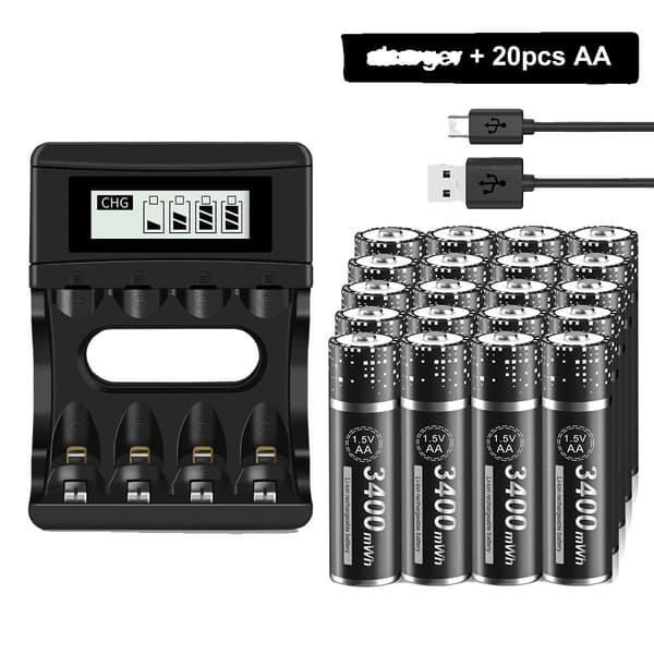 PALO 1.5V AA Genopladeligt Batteri, Høj Kapacitet 3400mWh, Lang Levetid på 1500 Cyklusser,20 stk. AA og oplader