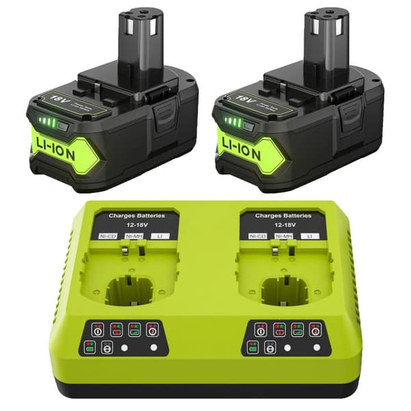Erstatningsbatteri til Ryobi 18V-systemet, 6000mAh kapacitet, Li-Ion type,2 stk. 1 oplader