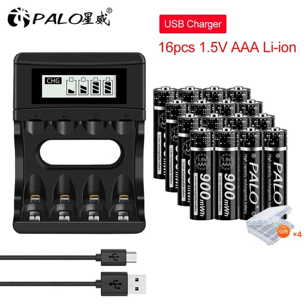 1,5V AAA litiumioni ladattava akku, USB-laturi, 900mWh kapasiteetti,16AAA ja Laturi