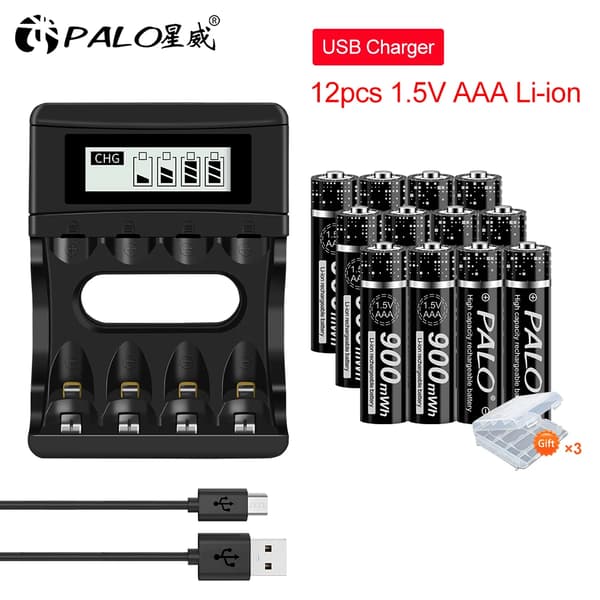1.5V AAA Lithium Genopladeligt Batteri, USB Oplader, 900mWh Kapacitet,12AAA og oplader