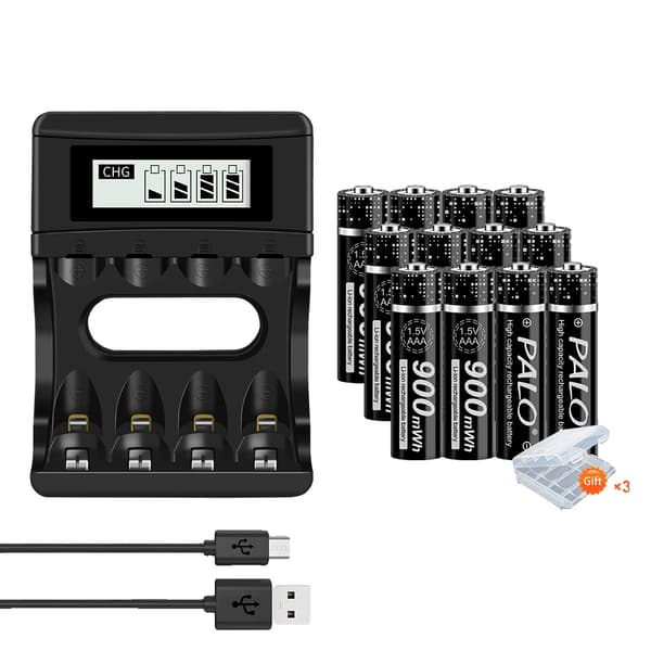 1.5V AAA Lithium Genopladeligt Batteri, USB Oplader, 900mWh Kapacitet,12AAA og oplader