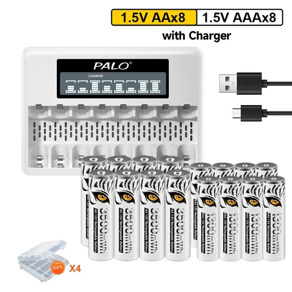PALO Genopladelige Batterier, AA 3500mWh, AAA 1300mWh,8AA 8AAA 1Lader