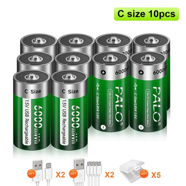Genopladelige C-størrelse batterier, 1,5V 6000mWh, USB-C opladning, Langvarig holdbarhed,10 stk batteri