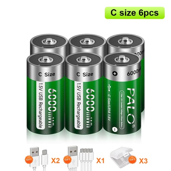 Genopladelige C-størrelse batterier, 1,5V 6000mWh, USB-C opladning, Langvarig holdbarhed,6 stk batteri
