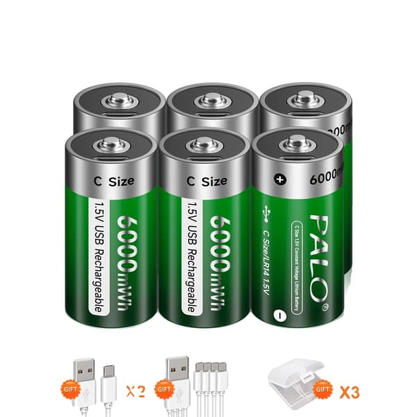 Genopladelige C-størrelse batterier, 1,5V 6000mWh, USB-C opladning, Langvarig holdbarhed,6 stk batteri