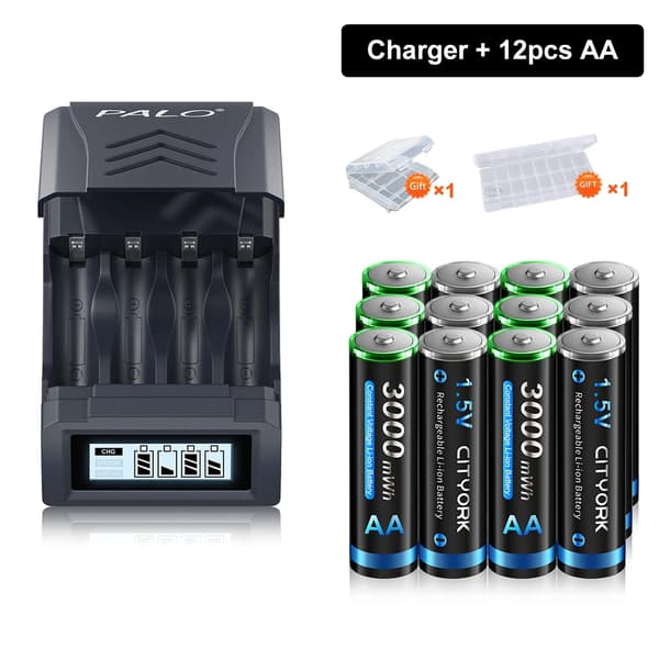 Genopladeligt AA-batteri, Langtidsholdbart, LCD USB-oplader, 12AA 1 oplader