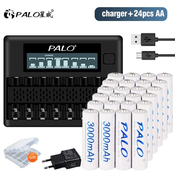 PALO AA Genopladelige Batterier, 3000mAh Kapacitet, Inkluderer Oplader,24 stk. og oplader