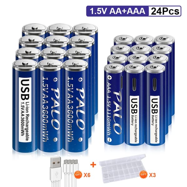 PALO Genopladelige Lithiumbatterier, 3600mWh Kapacitet, USB Praktisk Opladning,12AA og AAA