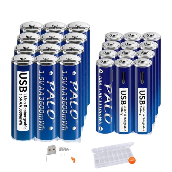 PALO Genopladelige Lithiumbatterier, 3600mWh Kapacitet, USB Praktisk Opladning,12AA og AAA