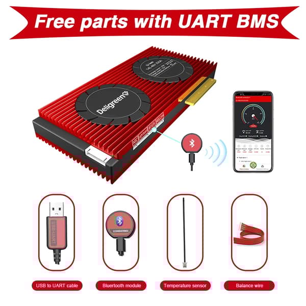 LiFePO4 Smart BMS, Bluetooth-aktiverad, Avancerad Skydd,UART, LiFe 4S 200A