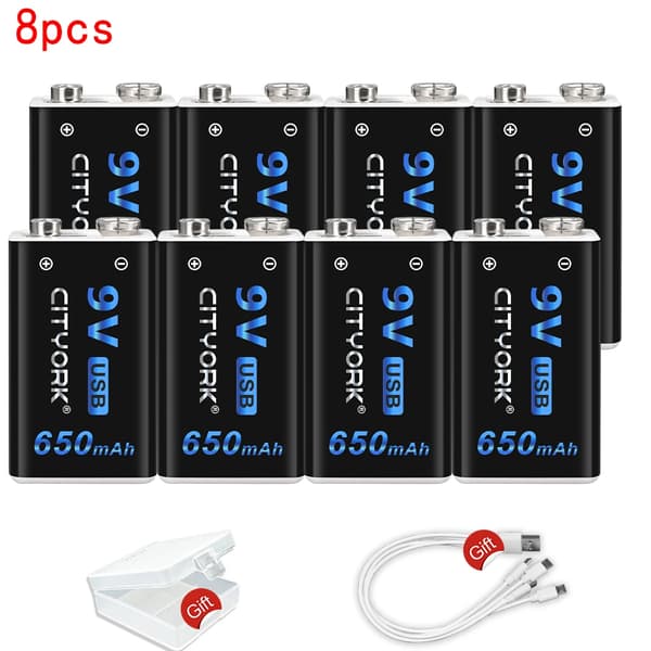 CITYORK 9V USB Genopladeligt Lithiumbatteri, 650mAh Kapacitet, Alsidige Anvendelser,8 stk.
